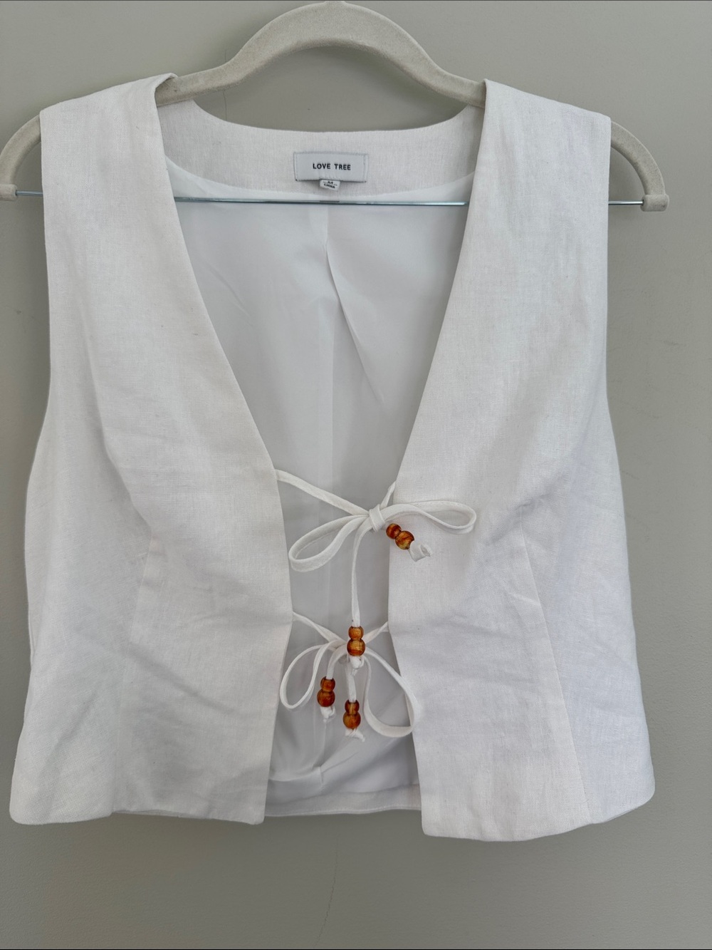 Love Tree White Linen-Blend Tie Front Crop Top with Bead Accents